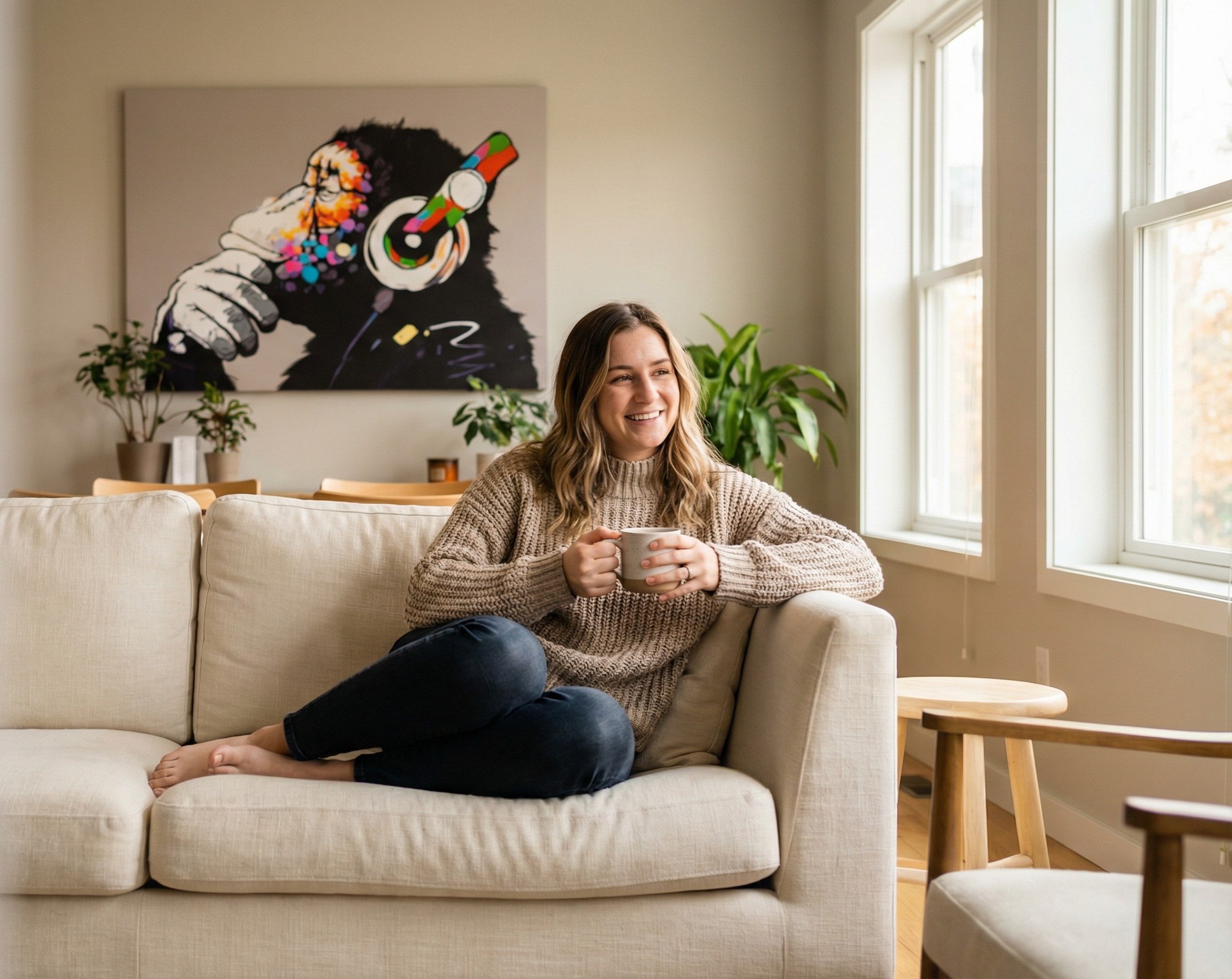 Woman enjoying wall art in cozy living room