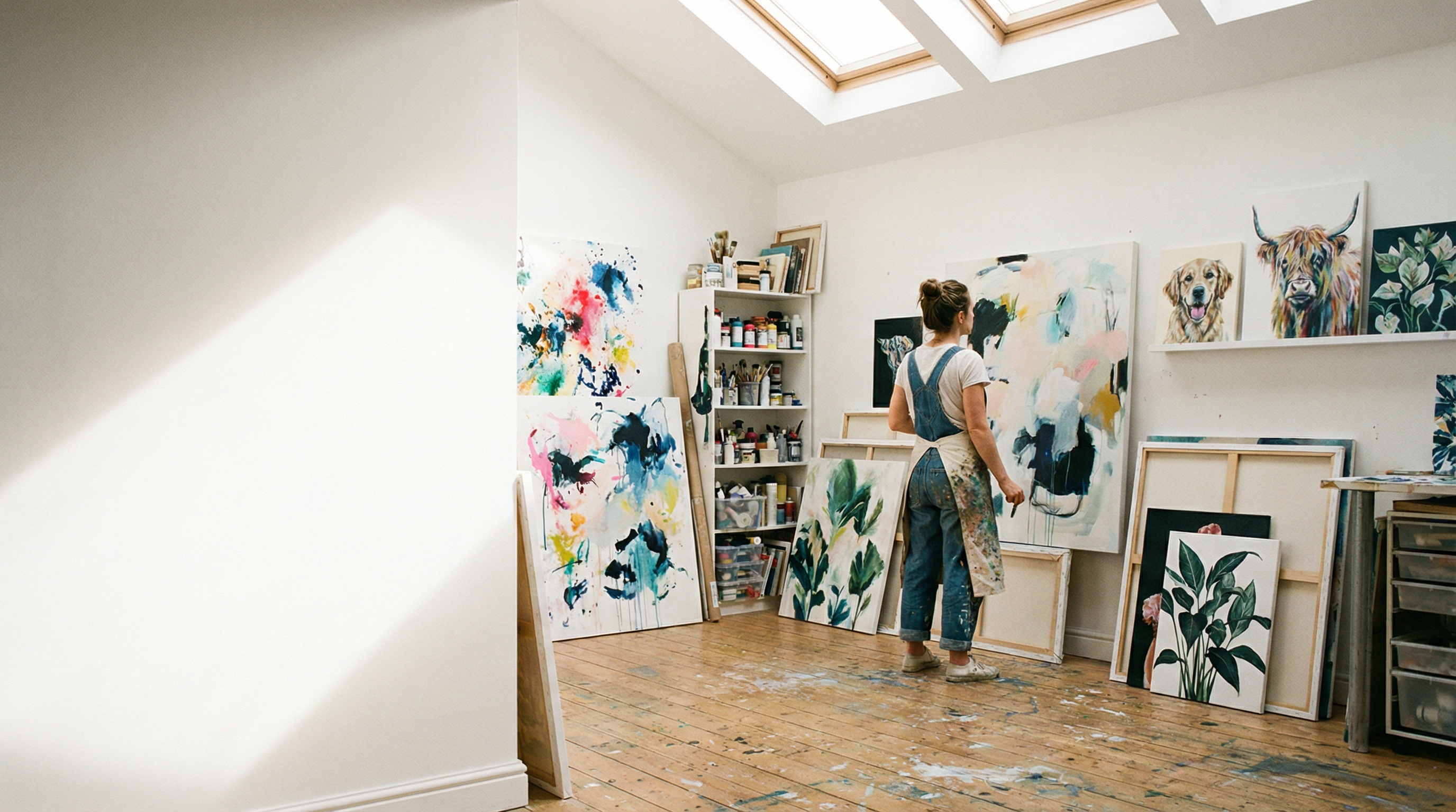 Artist studio with canvas wall art