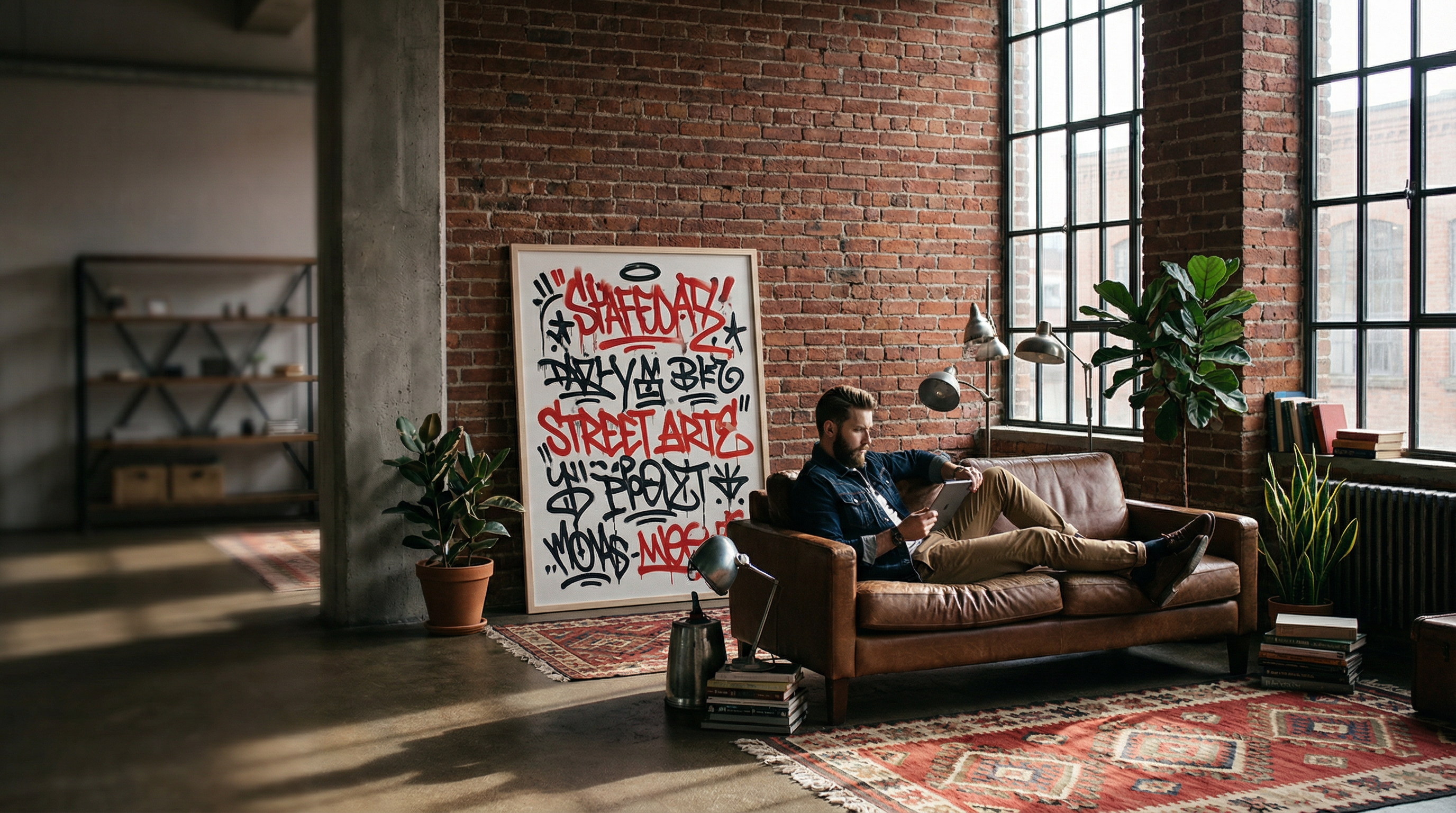 Urban loft with bold street art canvas