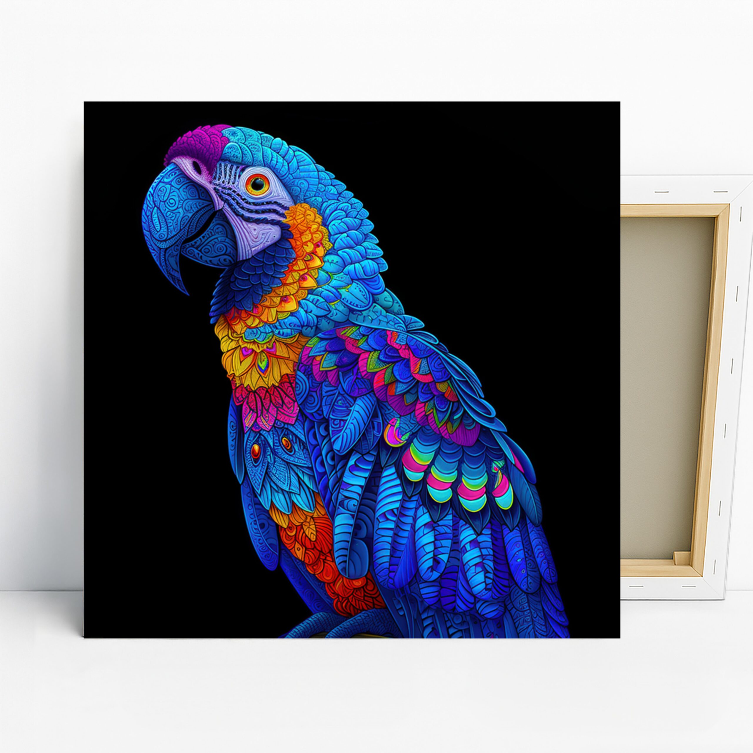 Macaw Art, Canvas or Poster, Contemporary Bohemian Glam Decor, Living Room Bedroom Entryway Office Wall Art, Blue Purple Yellow Multicolor