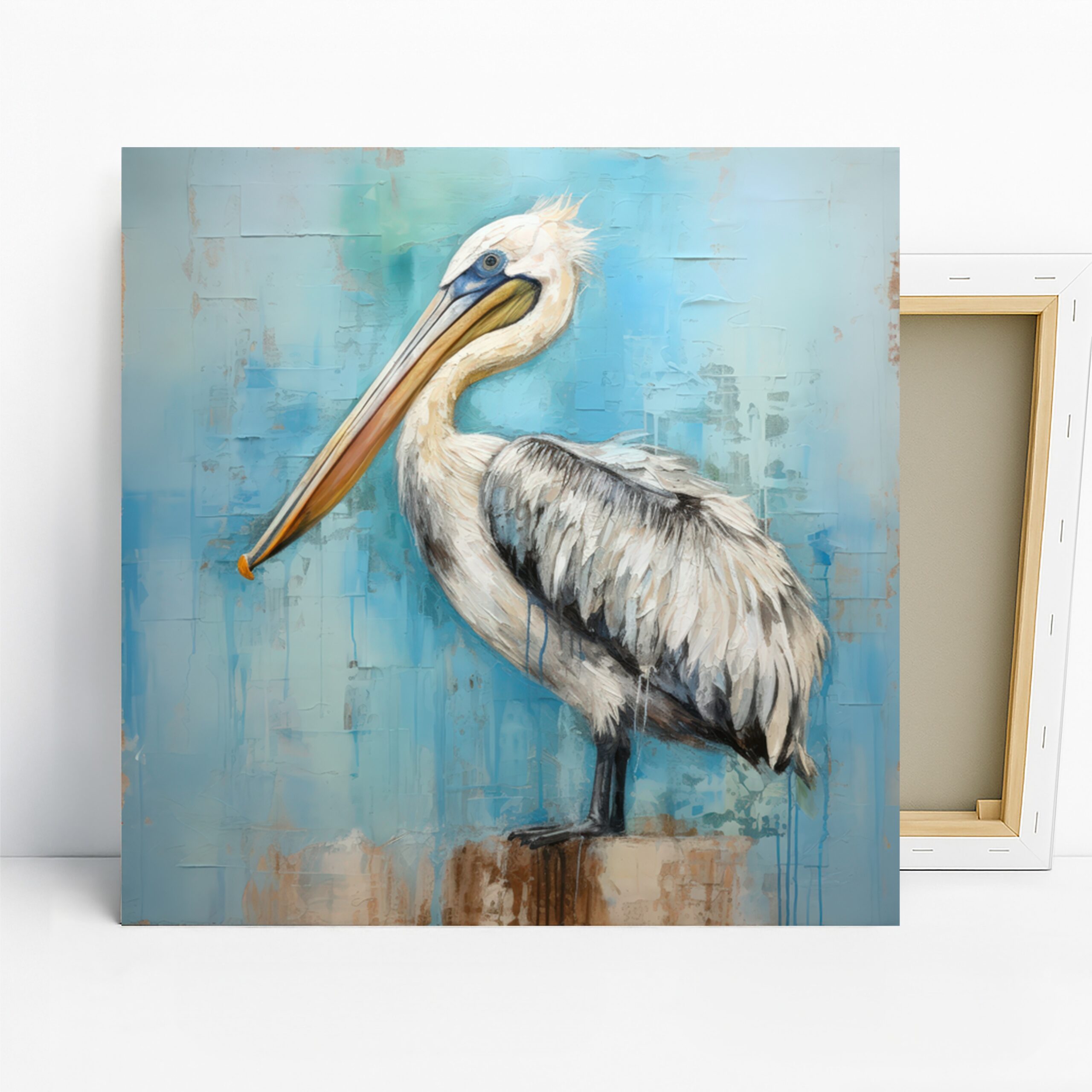 Pelican Art, Canvas or Poster, Coastal Modern Abstract Decor, Living Room Bedroom Entryway Bathroom Wall Art, Blue Beige Brown Multicolor