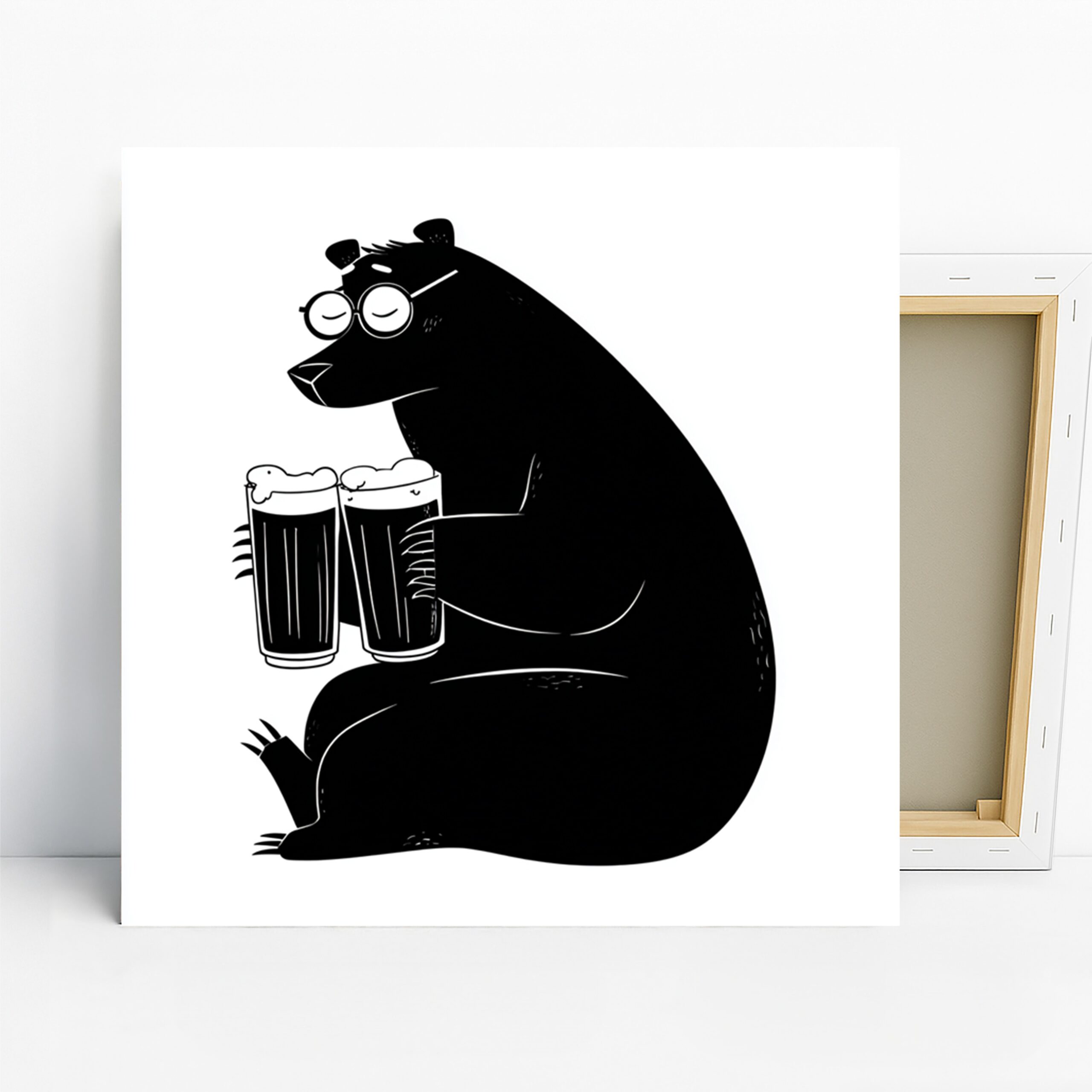 Bear Art, Canvas or Poster, Whimsical Contemporary Decor, Living Room Game Room Office Wall Art, Black and White, Beer Lover Gift