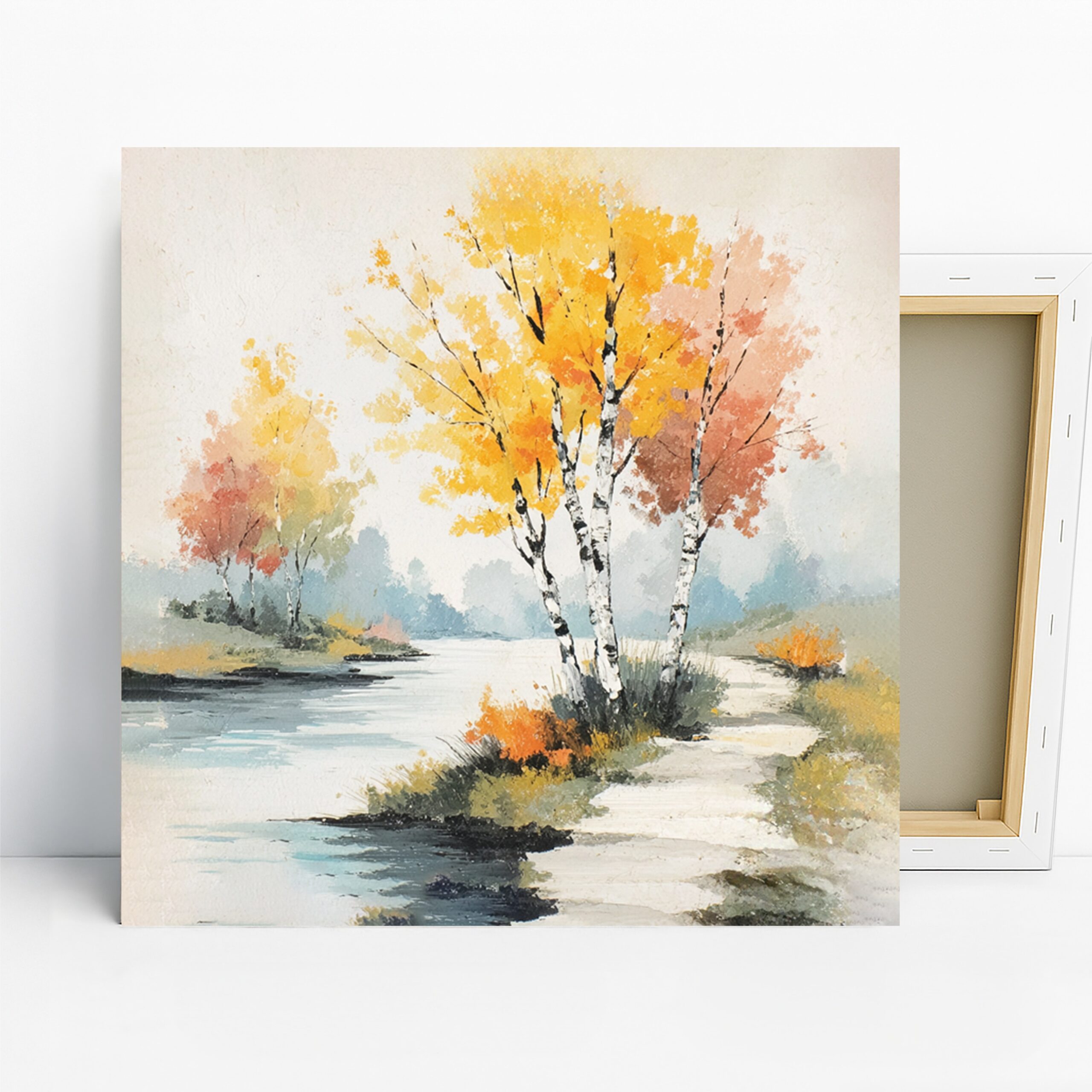 Autumn Birch Trees Art, Canvas or Poster, Impressionism Rustic Decor, Living Room Bedroom Office Wall Art, Yellow Blue White and Orange