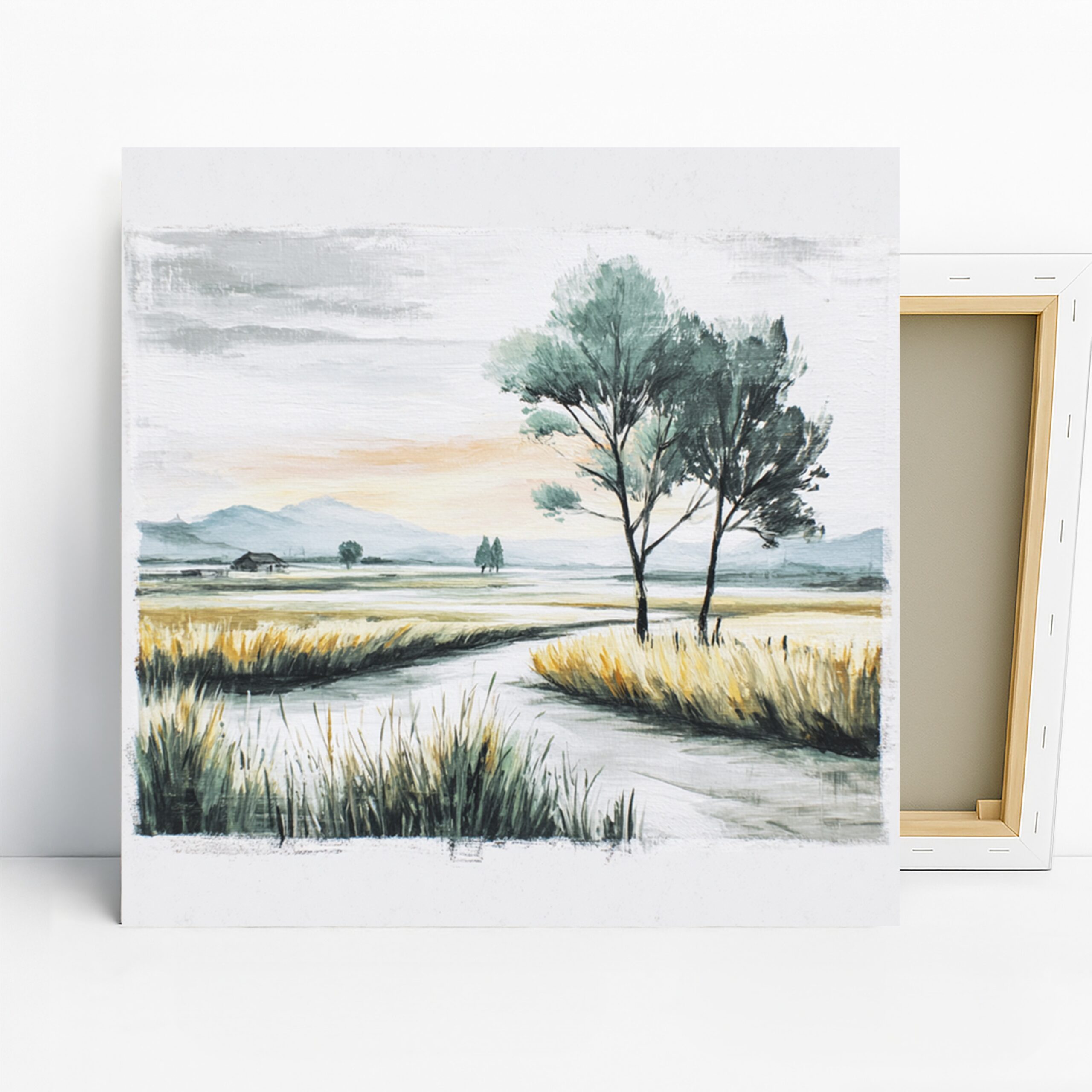 Serene Countryside Art, Canvas or Poster, Nature Impressionism Decor, Living Room Bedroom Dining Office Wall Art, Green Blue Yellow White