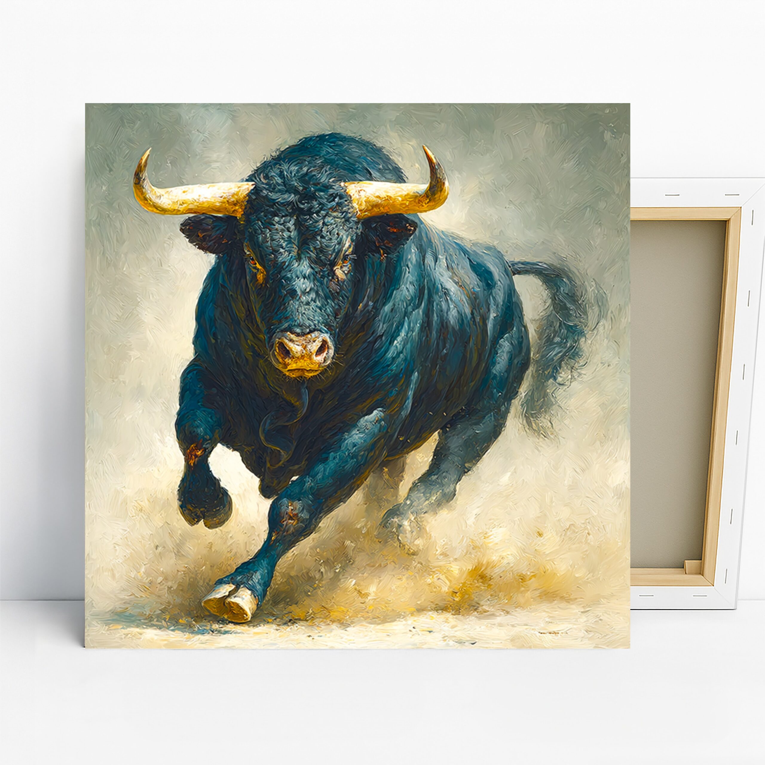 Charging Bull Art, Canvas or Poster, Contemporary Rustic Decor, Living Room Office Dining Room Wall Art, Blue Gold Black White