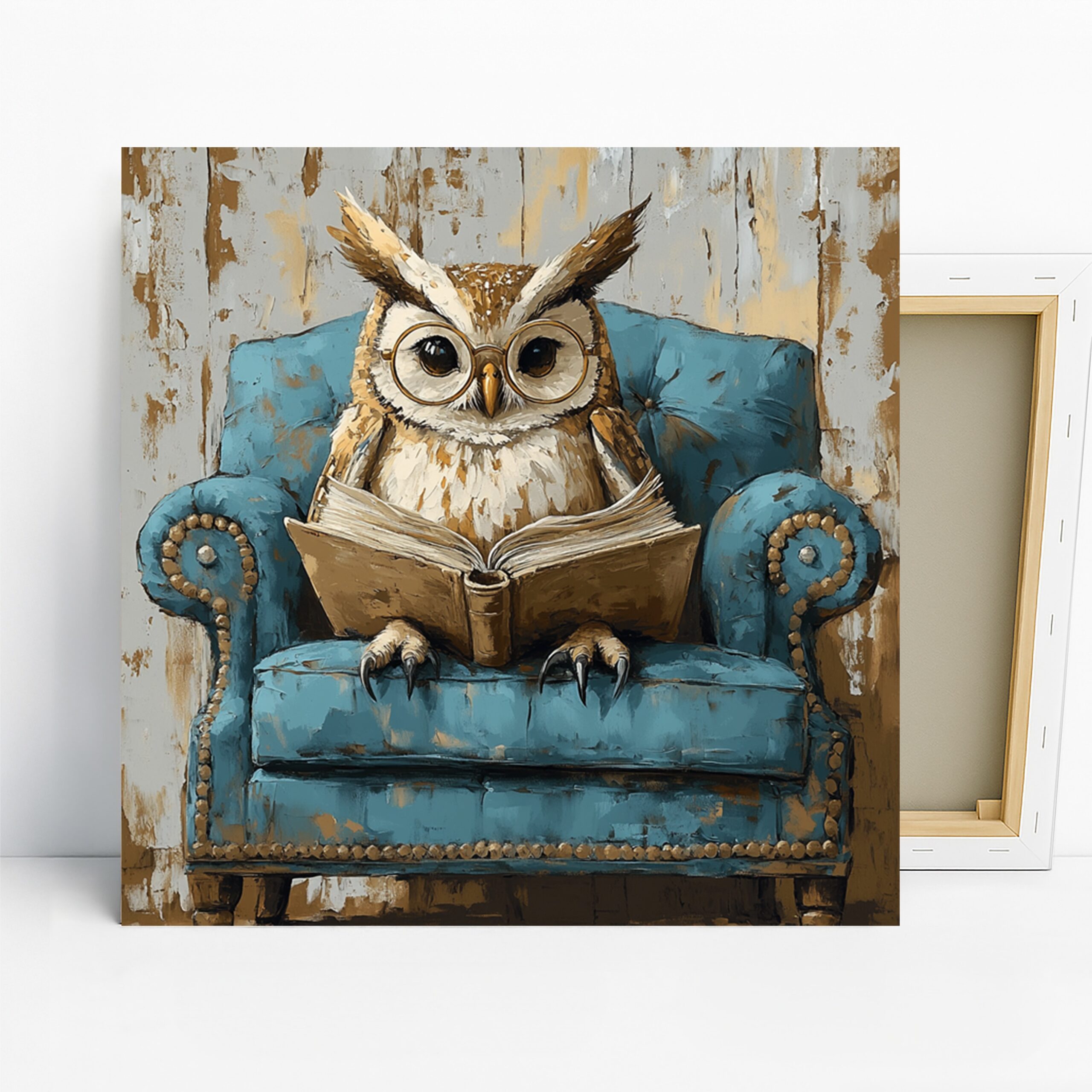 Owl Reading Art, Canvas or Poster, Whimsical Rustic Modern Decor, Library Office Living Room Wall Art, Blue Brown Gold and White
