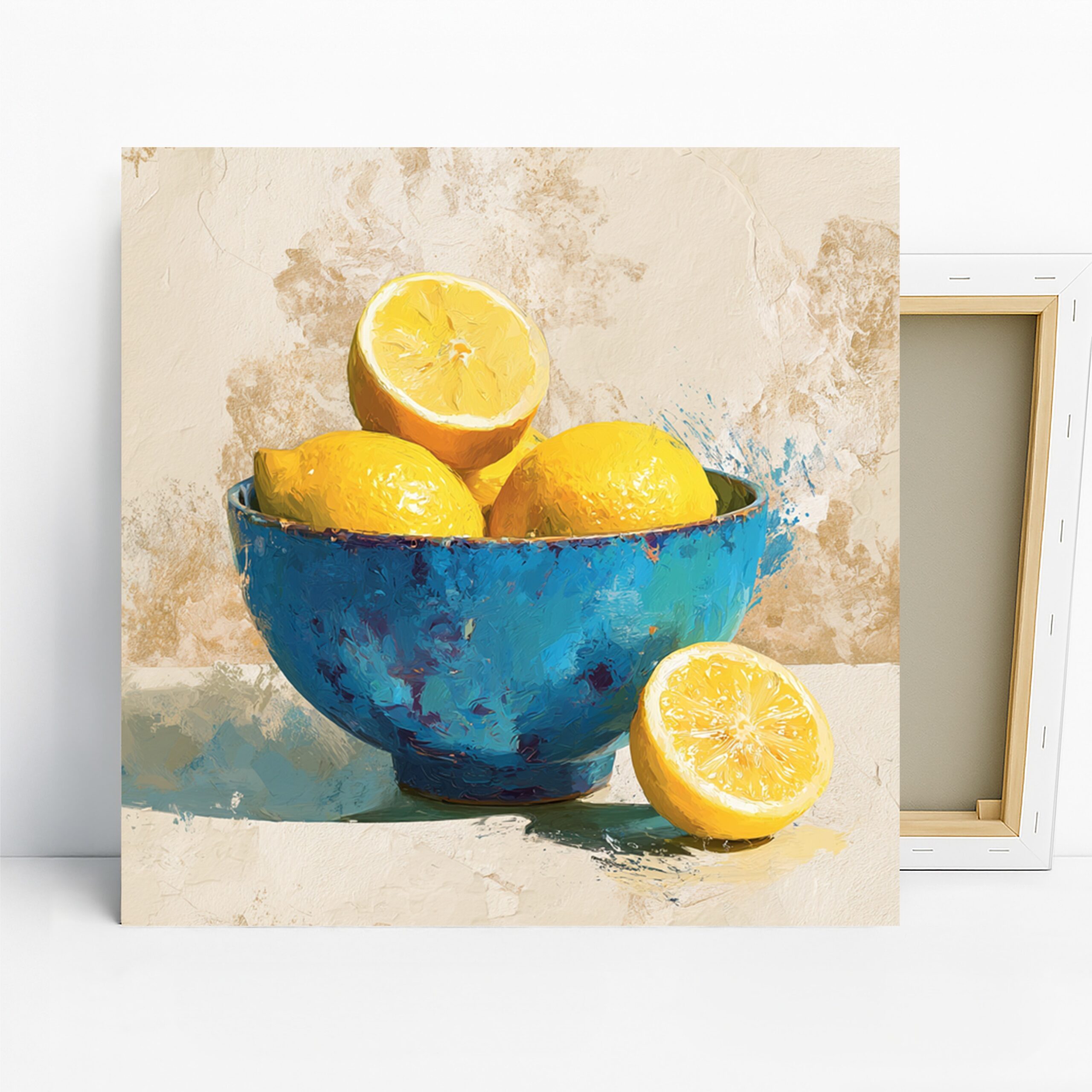 Lemon Blue Bowl Art, Canvas or Poster, Contemporary Still Life Decor, Kitchen Dining Room Living Room Wall Art, Yellow Blue White
