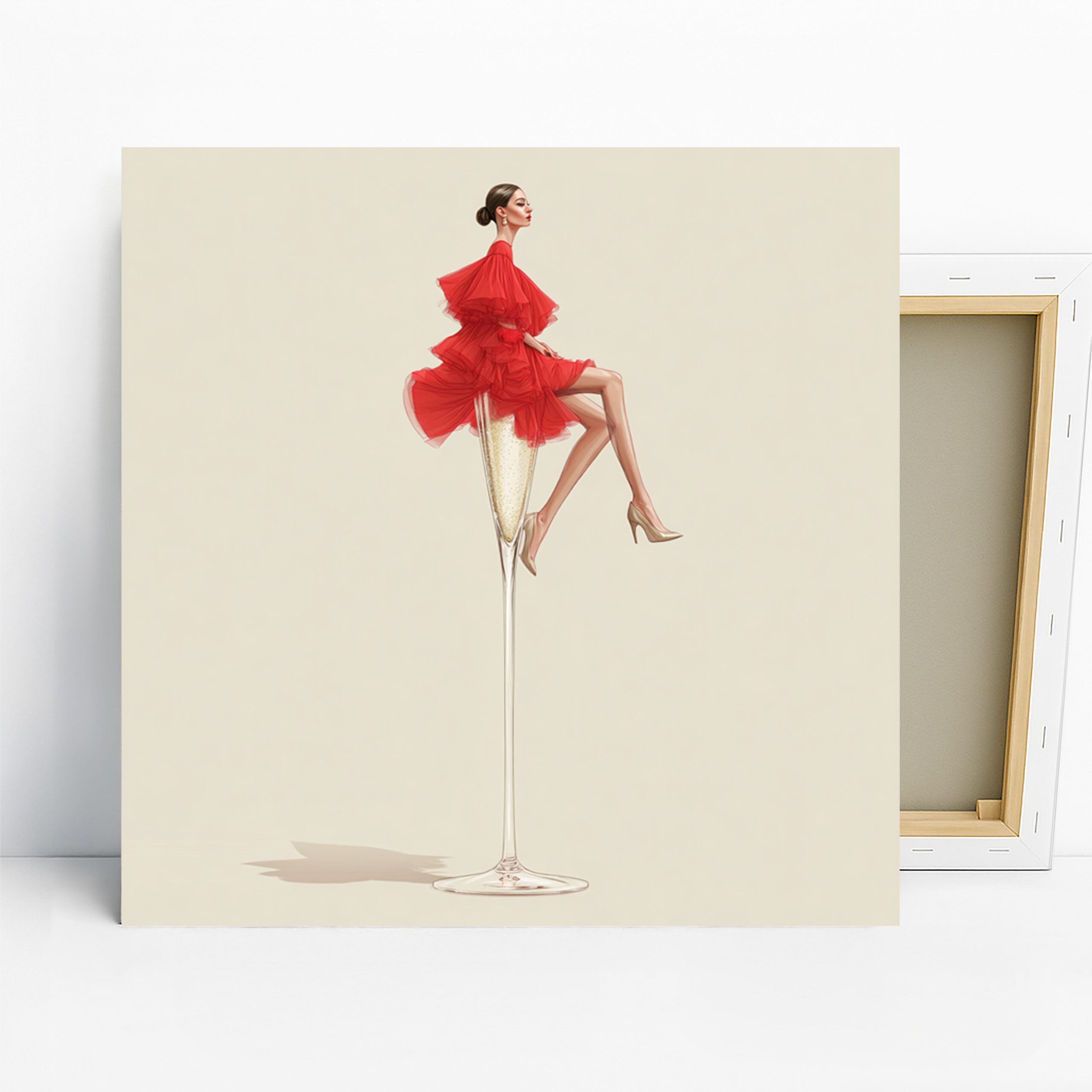 Champagne Glass Fashion Art, Canvas or Poster, Contemporary Glamorous Decor, Living Room Bedroom Dressing Room Wall Art, Red Gold and White