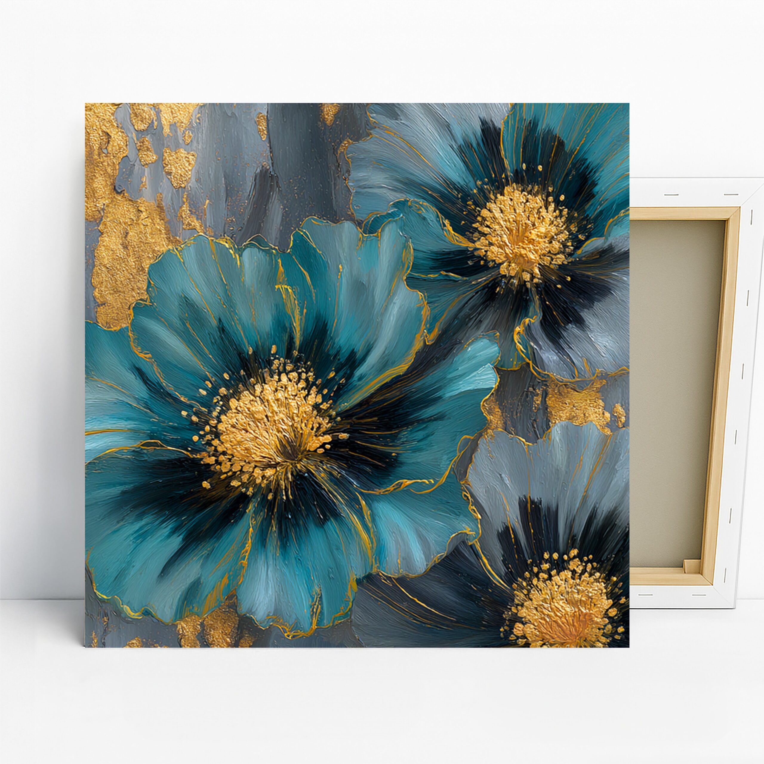 Luxe Teal Blooms Art, Canvas or Poster, Floral Contemporary Decor, Living Room Bedroom Office Wall Art, Teal Gold Black Grey Modern Elegance
