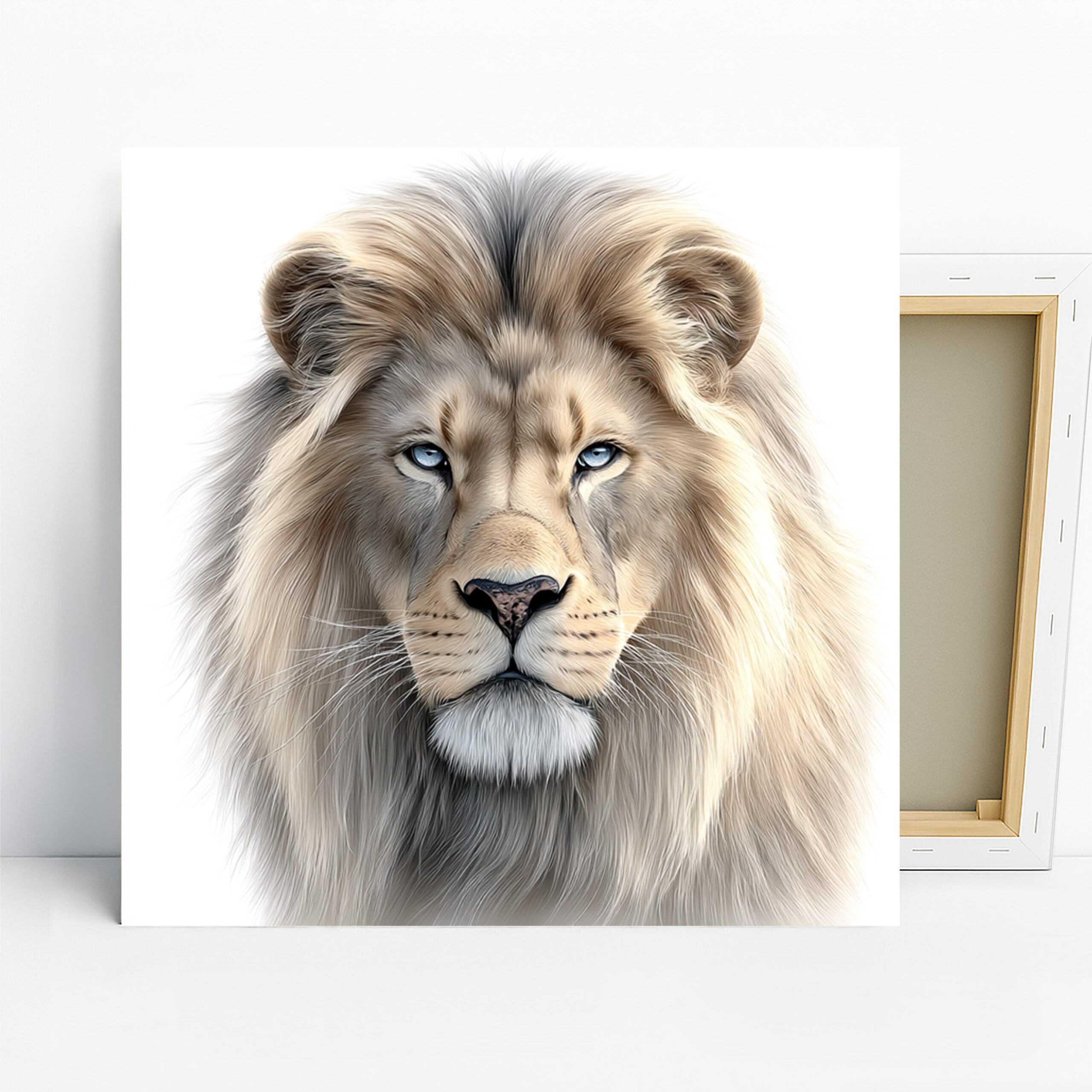 Lion Portrait Art, Canvas or Poster, Contemporary Decor, Living Room Bedroom Office Wall Art, Beige White Blue Brown, Animal Lover Gift