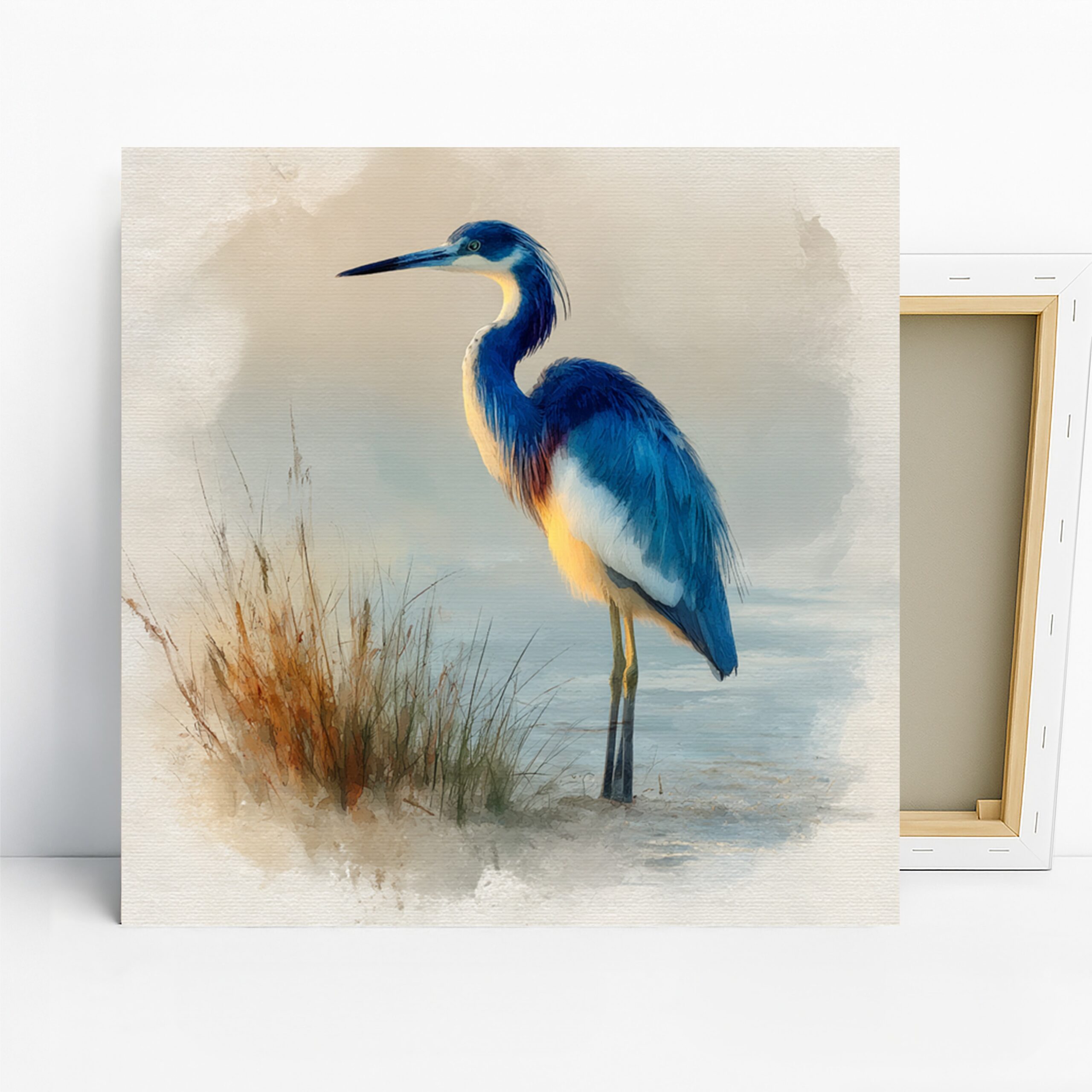 Blue Heron Art, Canvas or Poster, Nature Coastal Decor, Living Room Bathroom Bedroom Office Wall Art, Blue White Yellow Brown