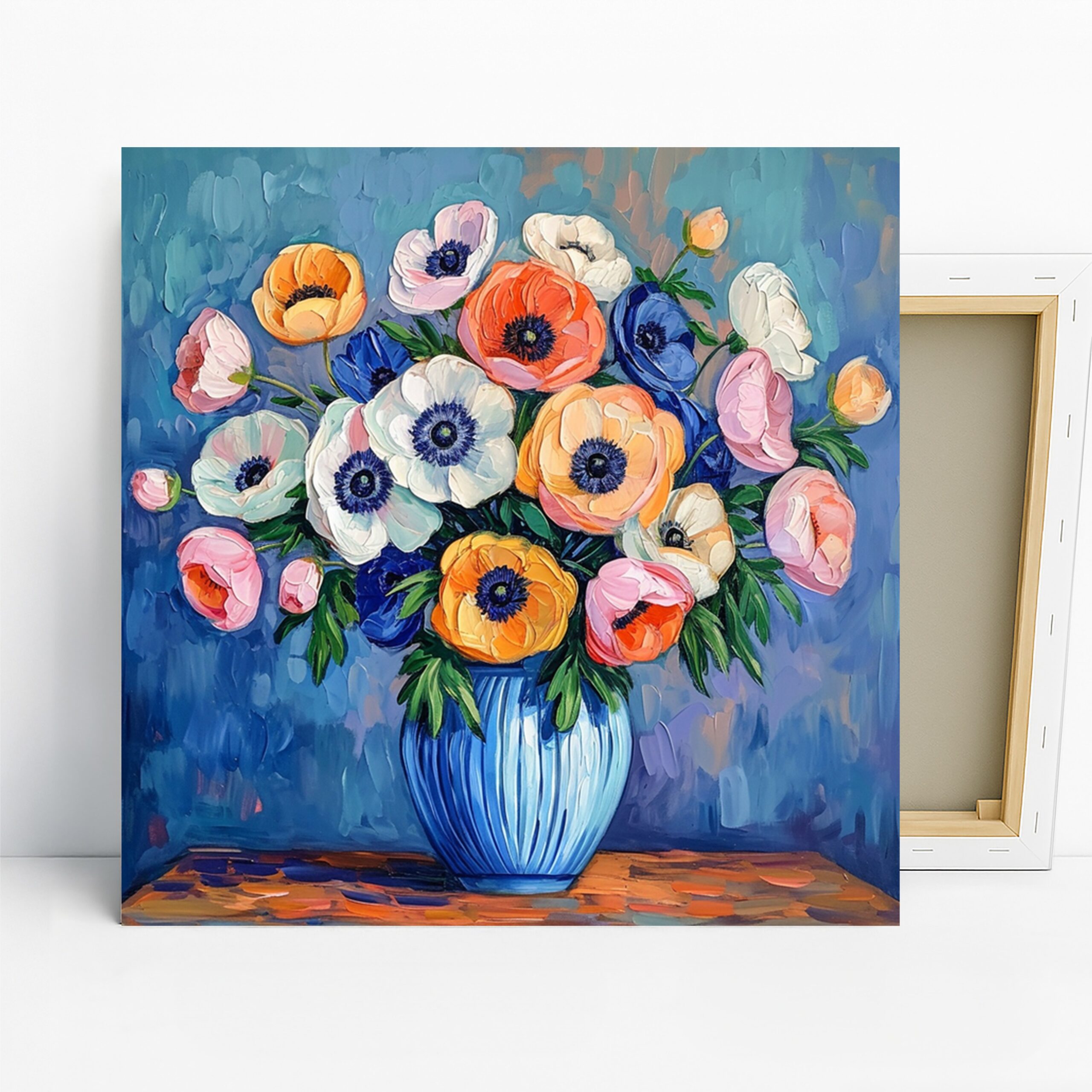 Anemone Bouquet Art, Canvas or Poster, Impressionism Modern Decor, Living Room Bedroom Dining Room Hallway Wall Art, Blue Orange White Pink