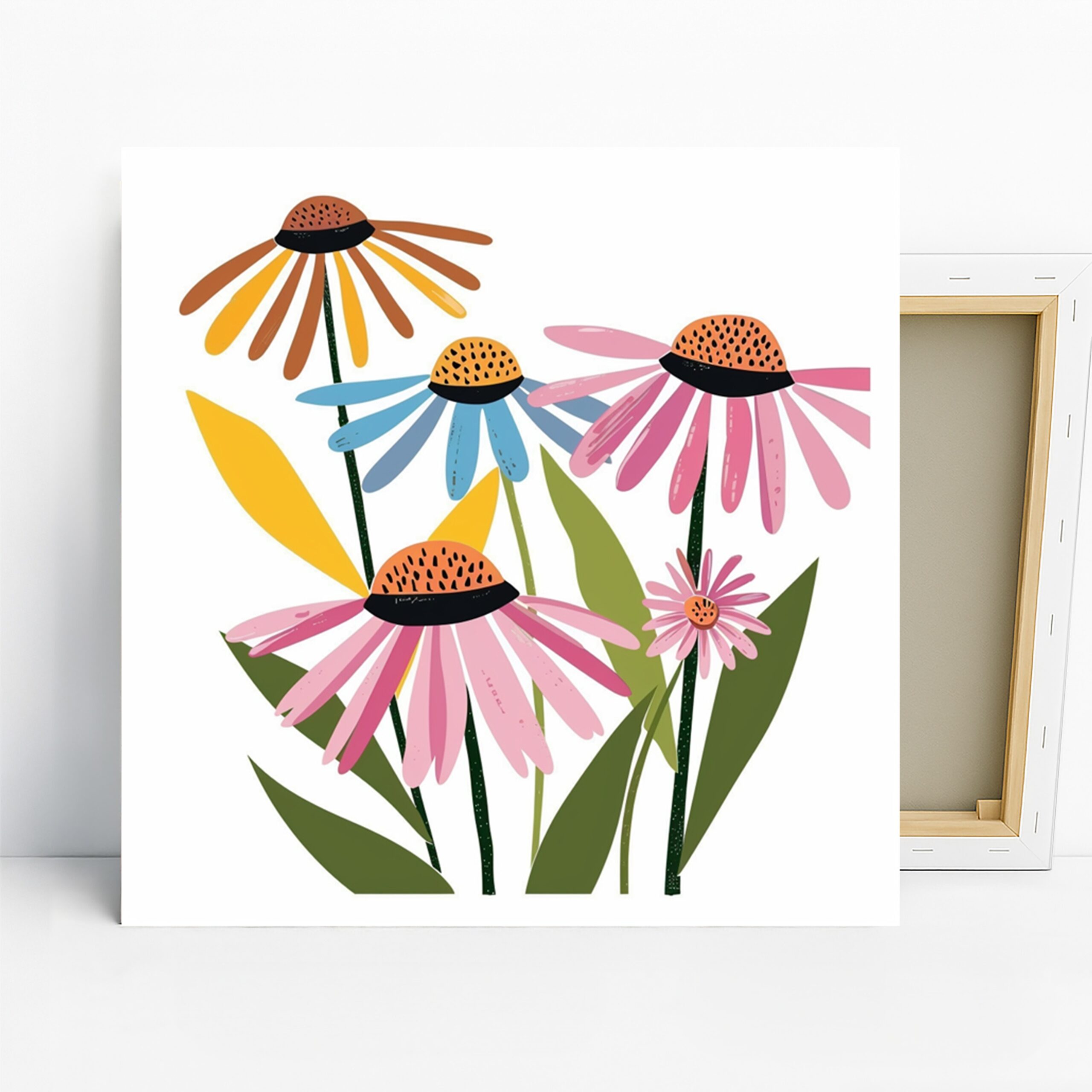 Coneflower Art, Poster or Canvas, Contemporary Bohemian Decor, Living Room Bedroom Kitchen Entryway Wall Art Multicolor Pink Blue Yellow