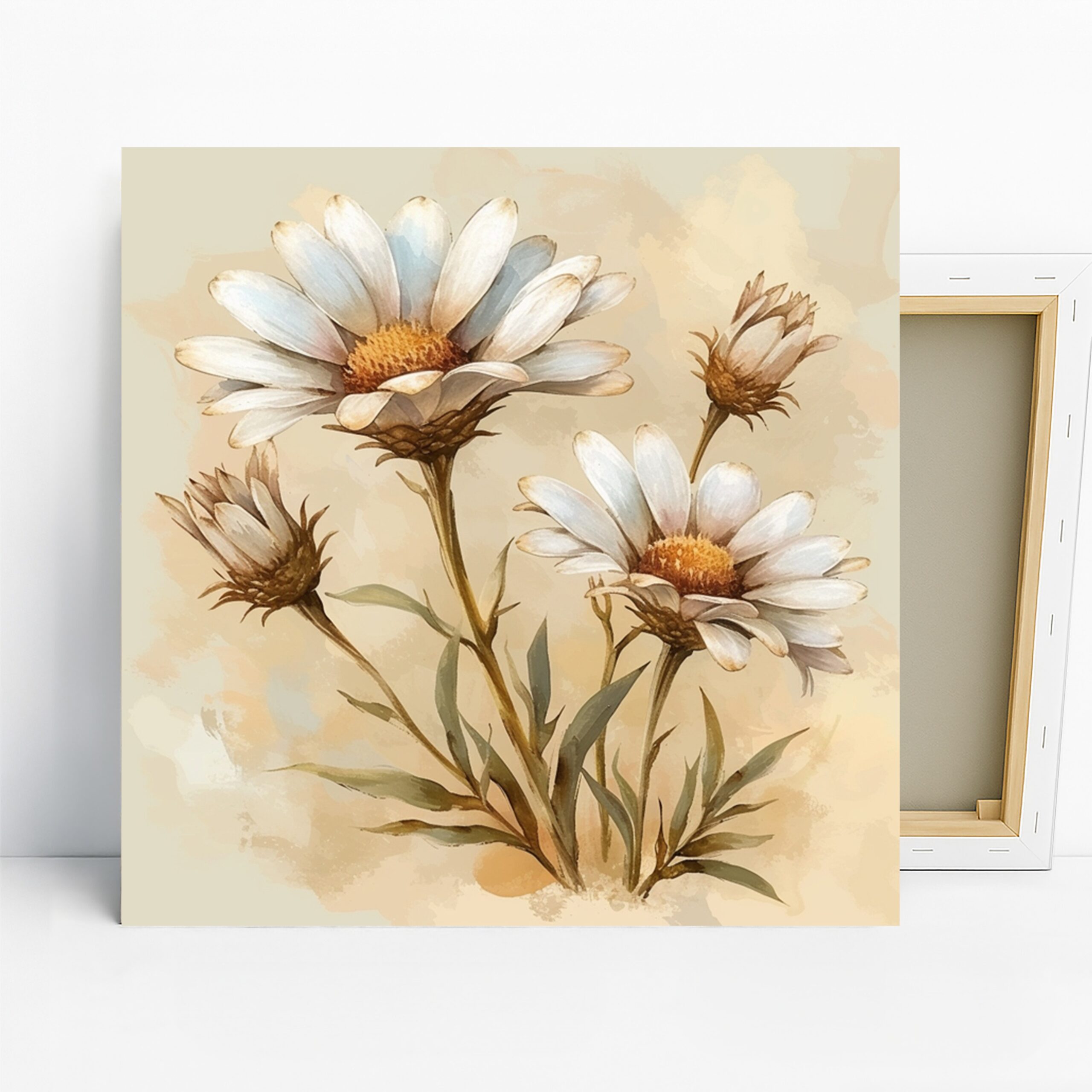 Daisy Meadow Art, Poster or Canvas, Floral Traditional Farmhouse Decor, Living Room Bedroom Hallway Wall Art, Beige White Green Brown