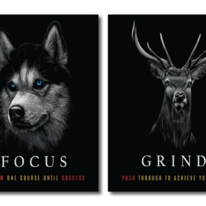 Motivational Wall Art Set of 4 - Hustle Focus Grind Execute Framed Canvas Prints | Office Decor
