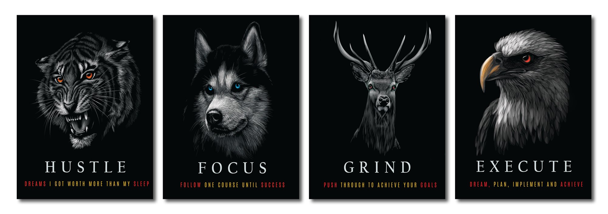 Motivational Wall Art Set of 4 - Hustle Focus Grind Execute Framed Canvas Prints | Office Decor